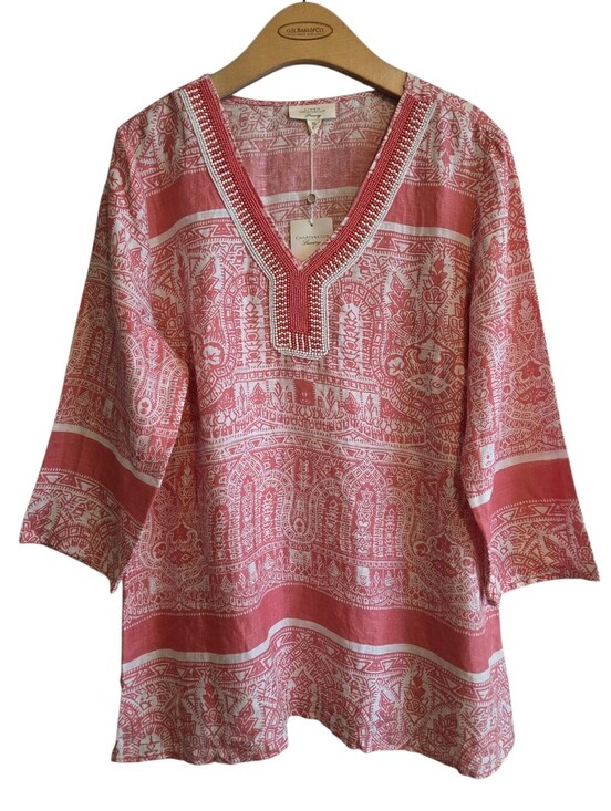 Charter Club Tops - Charter Club Luxury Coral-Pink Printed Linen V-Neck Beaded Tunic Sz XL Vacation